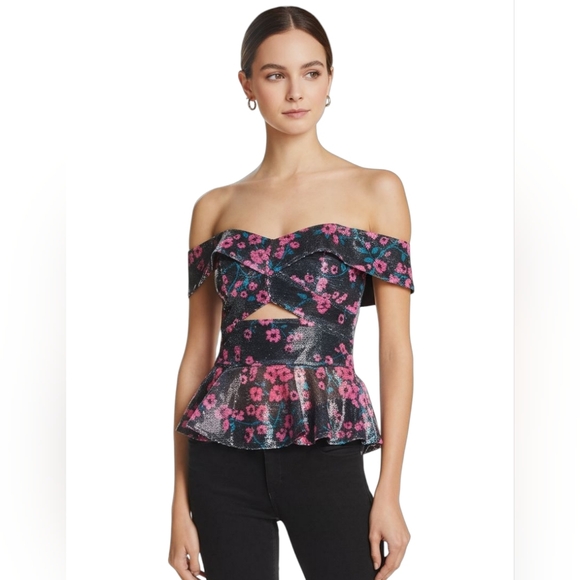 NWT WAYF Janet Off The Shoulder Sequined Flouce Bottom Top, Size XS - Picture 1 of 4